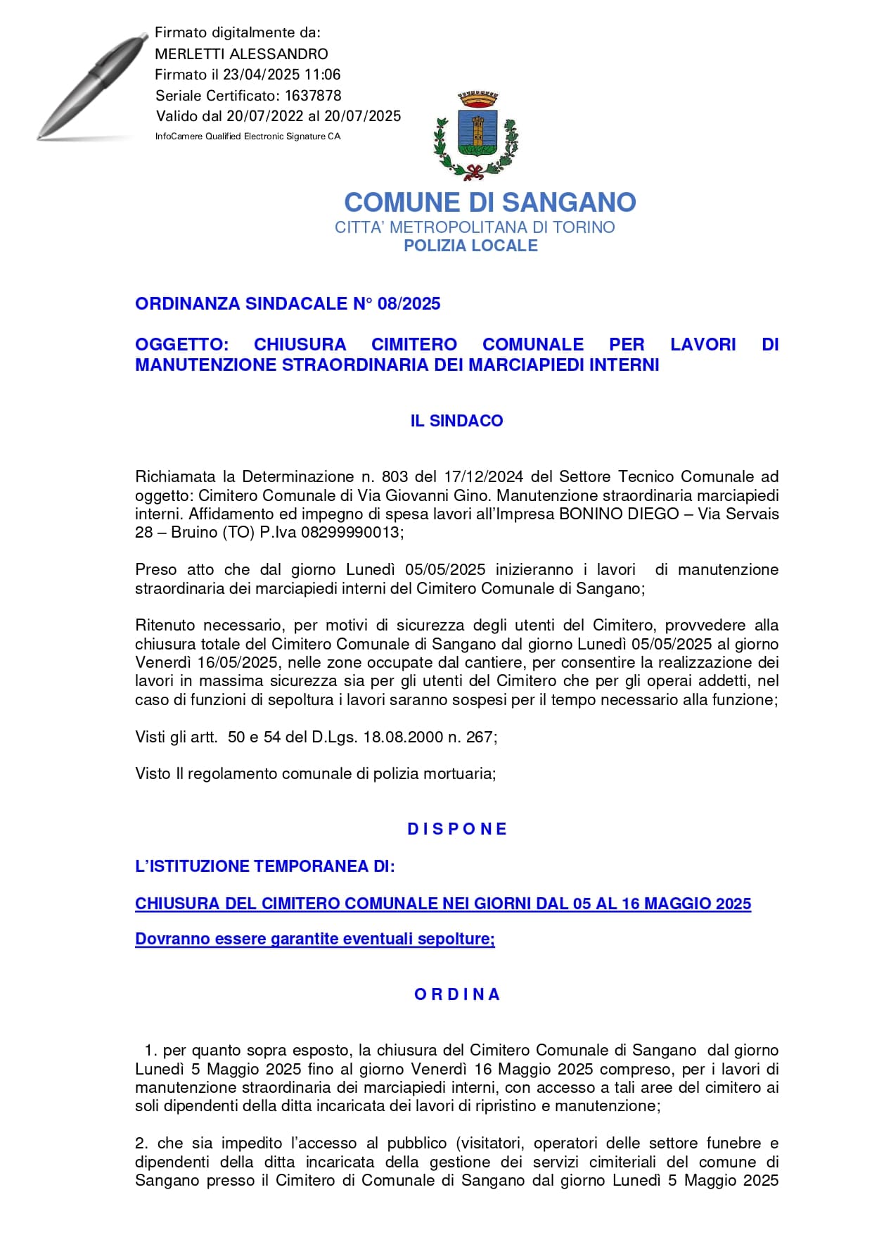 Chiusura Cimitero Comunale per Lavori di Manutenzione Straordinaria