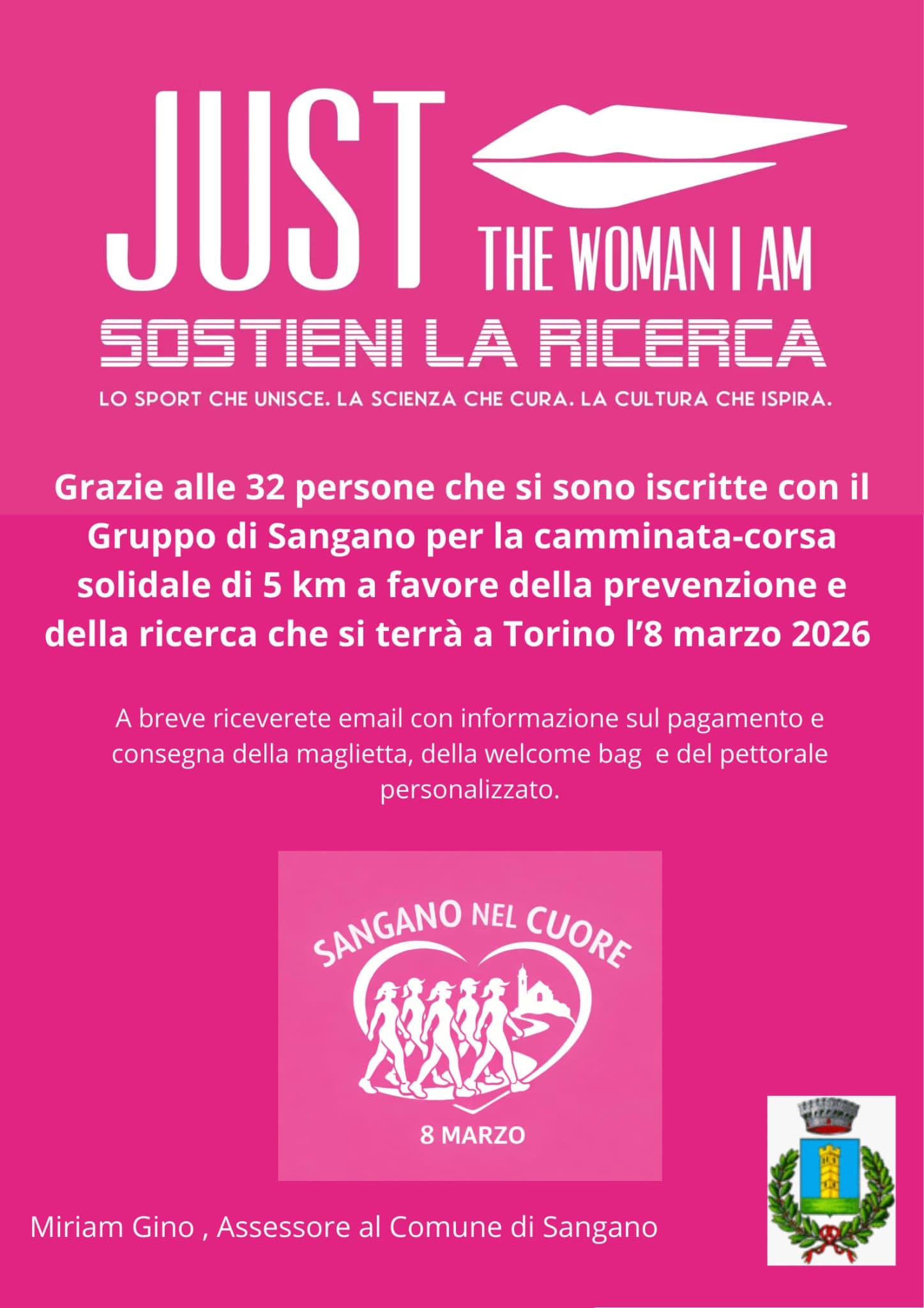 Sangano in rosa! 32 iscritte a JUST THE WOMAN I AM – 8 marzo 2026 a Torino
